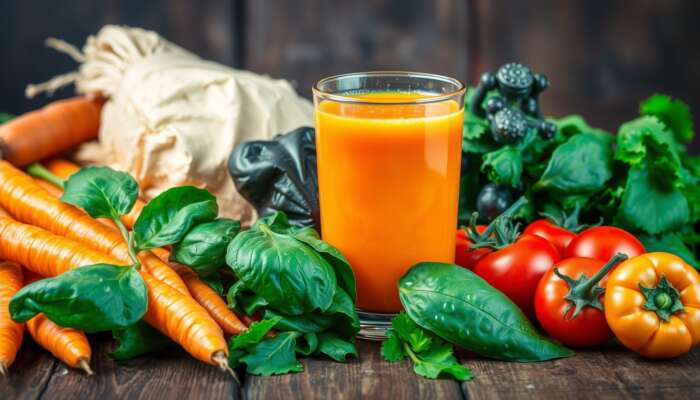 A colorful display of fresh vegetables including carrots, spinach, and tomatoes with water droplets, alongside a glass of freshly squeezed vegetable juice on a rustic wooden table.