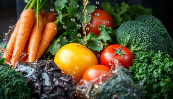 A vibrant assortment of fresh vegetables including carrots, spinach, tomatoes, and kale being juiced, highlighting the freshness and health benefits of vegetable juice.