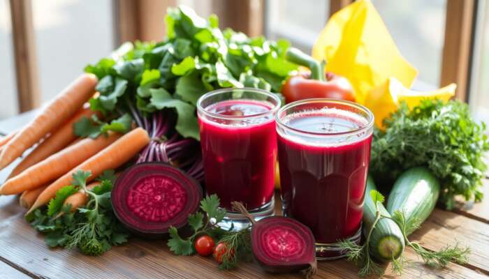 A colorful assortment of fresh vegetables including carrots, celery, spinach, beetroot, and cucumber, with a glass of vegetable juice on a rustic wooden table.