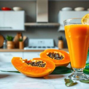 A glass of refreshing papaya juice with a lemon slice on the rim sits on a kitchen counter, surrounded by halved papayas with seeds visible—an inviting scene that highlights this drink’s benefits for digestive health. White cabinets and green plants complete the setting.