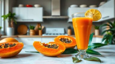 A glass of refreshing papaya juice with a lemon slice on the rim sits on a kitchen counter, surrounded by halved papayas with seeds visible—an inviting scene that highlights this drink’s benefits for digestive health. White cabinets and green plants complete the setting.