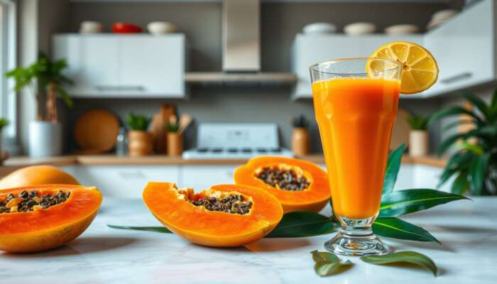 A glass of refreshing papaya juice with a lemon slice on the rim sits on a kitchen counter, surrounded by halved papayas with seeds visible—an inviting scene that highlights this drink’s benefits for digestive health. White cabinets and green plants complete the setting.