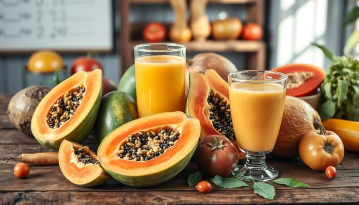 Fresh papayas and a glass of papaya juice surrounded by fruits and vegetables on a rustic wooden table, showcasing health and wellness.