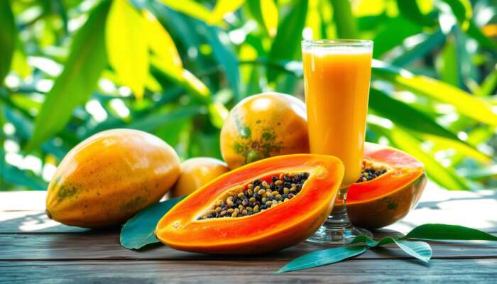 Fresh ripe papayas and a glass of papaya juice on a wooden table, surrounded by green leaves in a sunny tropical setting.