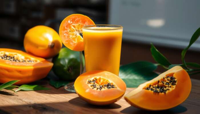 Freshly squeezed papaya juice in a glass on a wooden table, surrounded by ripe papayas and tropical leaves, illuminated by soft sunlight.