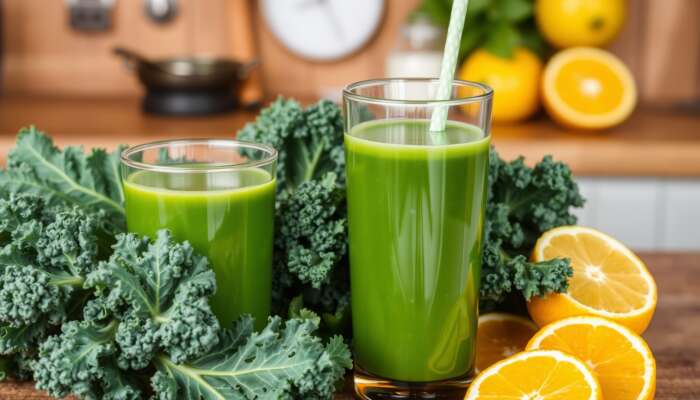A glass of green kale juice with fresh kale leaves and citrus slices on a rustic wooden kitchen counter, highlighting health and vitality.