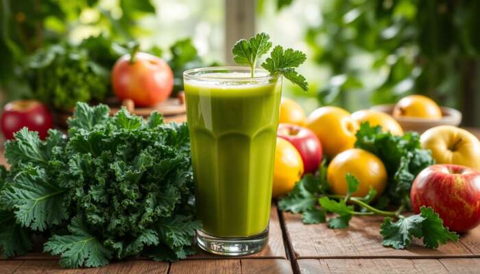 Fresh kale juice in a glass surrounded by kale leaves, apples, and lemons on a rustic wooden table with sunlight filtering through greenery.