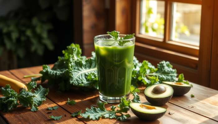 A glass of kale juice on a wooden table surrounded by fresh kale leaves, bananas, and avocados, illuminated by sunlight, symbolizing energy and vitality.
