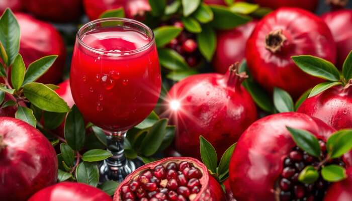 Vibrant glass of pomegranate juice with fresh pomegranates, showcasing rich red color and droplets, surrounded by green leaves to highlight antioxidants.