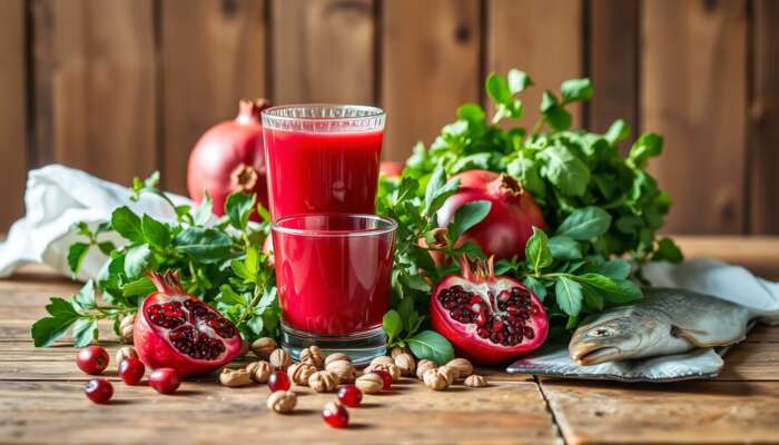 A glass of pomegranate juice surrounded by fresh pomegranates, leafy greens, nuts, and fatty fish on a rustic wooden table, showcasing vibrant colors and textures.