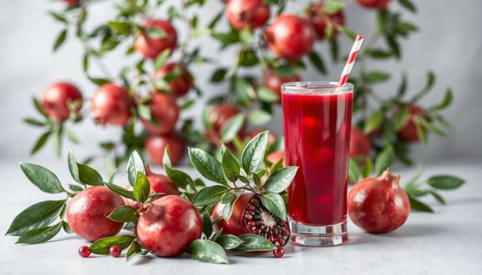 A glass of vibrant pomegranate juice with fresh pomegranates and green leaves, representing health and vitality.