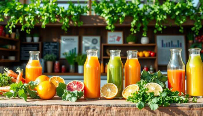 A colorful juice bar featuring fresh juices in clear glass bottles, highlighting carrot juice, citrus juices, and leafy greens, set against a rustic wooden counter and bright green plants in a sunlit environment.