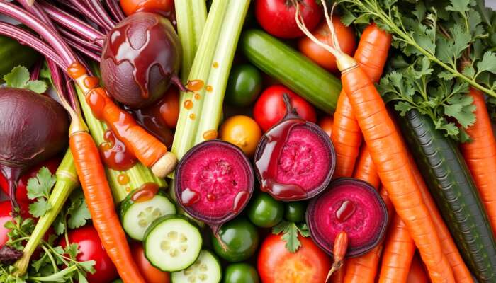 A colorful display of fresh beets, celery, cucumbers, and carrots with juice splashes, highlighting their vibrant textures in a natural setting.