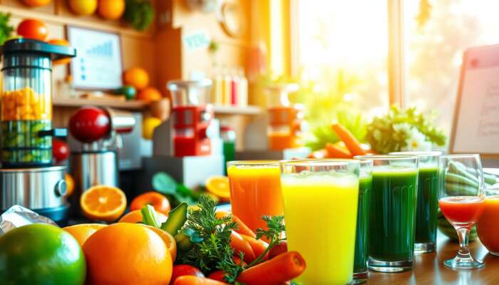 A lively juice bar scene showcasing colorful fruits and vegetables, especially oranges and carrots, being juiced, with sunlight illuminating freshly filled glasses of juice that represent energy and vitality.