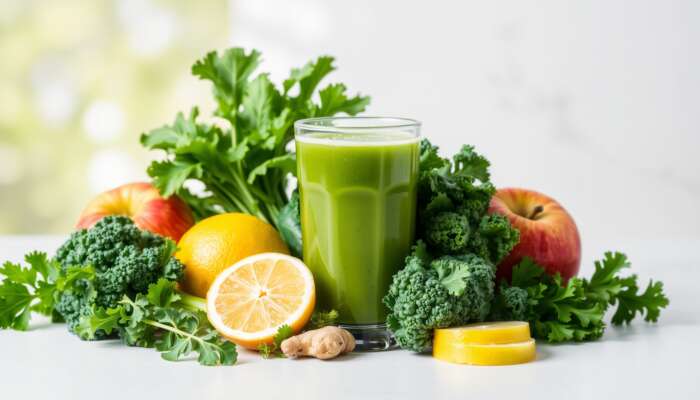 A vibrant glass of green juice made with kale, spinach, cucumber, celery, parsley, apples, lemon slices, and ginger, showcasing freshness and health.