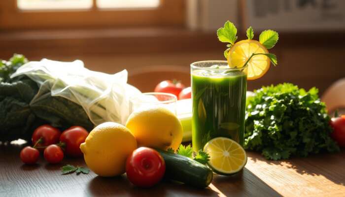 A glass of green juice made with spinach, kale, cucumbers, celery, and lemon, surrounded by fresh fruits and vegetables in a sunlit setting.