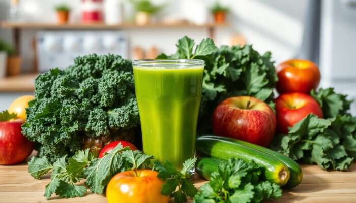 A vibrant green juice in a glass surrounded by fresh fruits and vegetables like kale, spinach, apples, and cucumbers in a sunny kitchen, highlighting health and vitality.