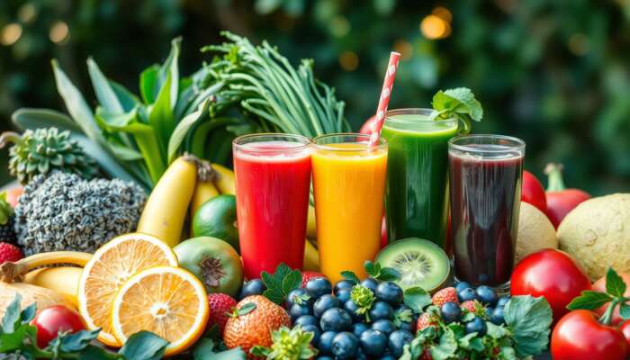 A colorful array of fresh fruits and vegetables with clear glasses of vibrant juices in a serene natural setting, highlighting health and wellness.