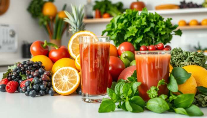 A colorful assortment of fruits and vegetables, including citrus fruits and leafy greens, in a bright kitchen, with a glass of fresh juice in the foreground, representing detox and health.
