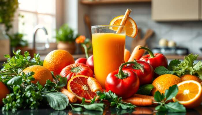 A colorful display of fresh fruits and vegetables surrounding a glass of juice, with water droplets glistening, set on a sunlit kitchen counter.