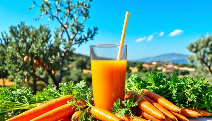 A glass of fresh carrot juice with whole carrots and leafy greens, set against a sunny Mediterranean landscape with olive trees and a blue sky.