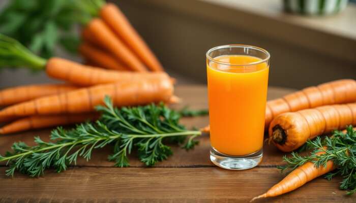 A glass of bright orange carrot juice on a wooden table, surrounded by fresh carrots, highlighting its smooth texture and vibrant color.