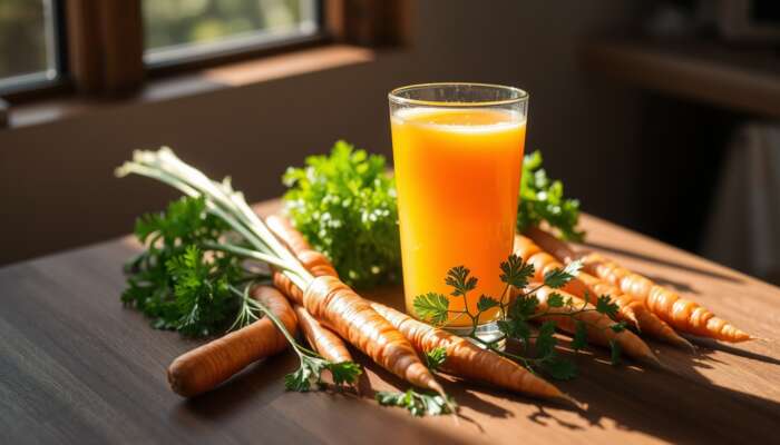 A vibrant glass of fresh carrot juice on a wooden table, surrounded by whole carrots and leafy greens, highlighting its natural and energizing qualities.