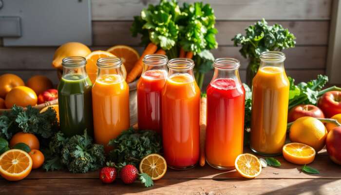A colorful display of freshly squeezed juices in clear glass bottles, showcasing blends of oranges, carrots, and kale, surrounded by whole fruits and vegetables on a rustic wooden table, illuminated by sunlight.