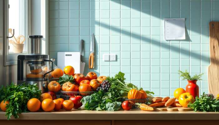 A colorful kitchen counter filled with fresh fruits and vegetables, including oranges, apples, and carrots, alongside a juicer, cutting board, and knife, all bathed in natural light.
