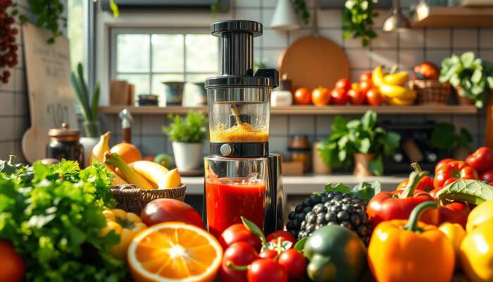 A colorful kitchen scene with fresh fruits and vegetables being juiced, showcasing vibrant colors and textures in a sunny atmosphere.