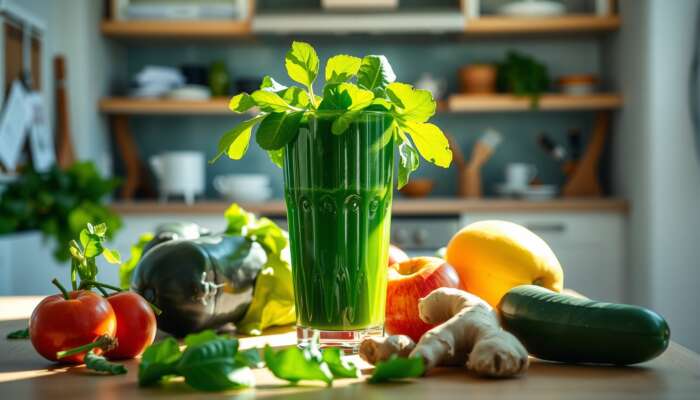 A glass of fresh green juice made from spinach, apple, and ginger, surrounded by whole fruits and vegetables in a sunlit kitchen, highlighting freshness and vitality.