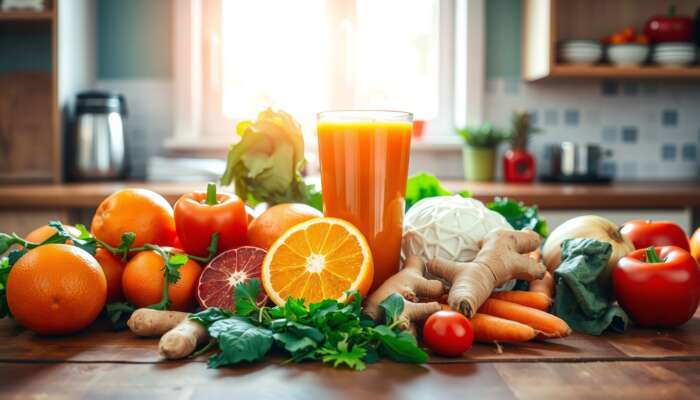 A colorful display of fresh fruits and vegetables on a wooden table, featuring a glass of juice with oranges, carrots, spinach, and ginger, illuminated by sunlight.