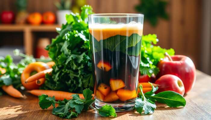 A vibrant glass of freshly made juice featuring dark green leafy vegetables, bright orange carrots, and red apples, set on a wooden table with fresh ingredients and sunlight highlighting the rich colors and textures.