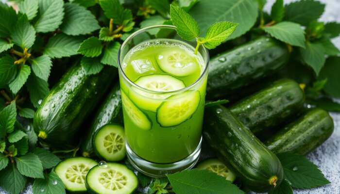 A glass of cucumber juice surrounded by fresh cucumbers and green leaves, highlighting hydration and health benefits.