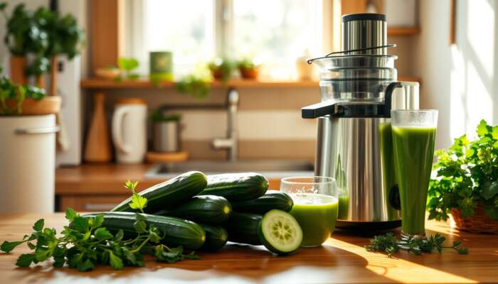 Fresh organic cucumbers and a glass of cucumber juice on a wooden countertop in a sunlit kitchen, highlighting the benefits of homemade juice over store-bought options.