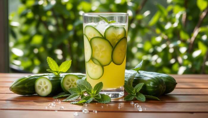A glass of cucumber juice on a wooden table, surrounded by fresh cucumbers and mint leaves, with sunlight filtering through green foliage.