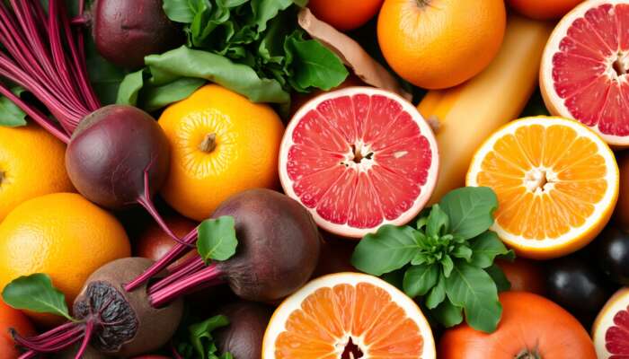 A colorful display of fresh fruits and vegetables, including beetroots, oranges, and grapefruits, highlighting their natural beauty and health benefits for heart wellness.