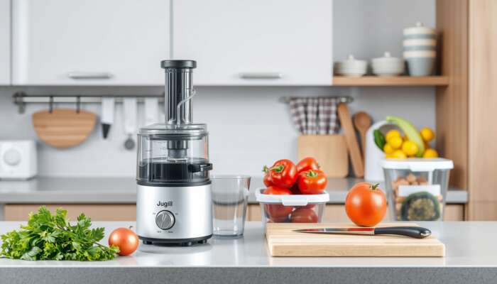A modern kitchen countertop displaying a high-quality juicer, fresh fruits and vegetables, a cutting board with a knife, and clean storage containers, all organized and inviting.