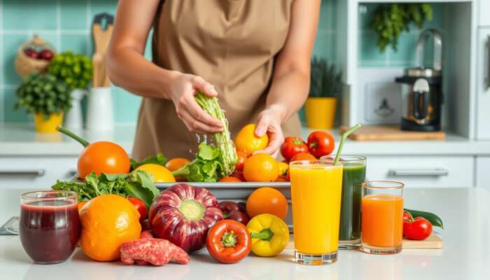 A person washing fresh fruits and vegetables in a bright kitchen, with a juicer and colorful juice glasses nearby, highlighting cleanliness and healthy ingredients for juicing.