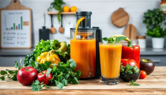 Fresh fruits and vegetables being juiced, with colorful juice flowing into a glass, surrounded by leafy greens and herbs on a rustic wooden countertop.