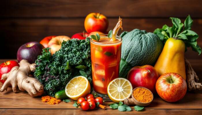 A colorful array of fresh fruits and vegetables, including spinach, kale, apples, pears, ginger, turmeric, and cucumber, with a nutrient-rich juice in a glass on a rustic wooden table.