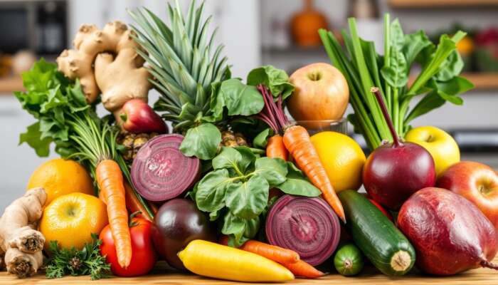 A colorful display of high-water-content fruits and vegetables including ginger, spinach, pineapple, beets, carrots, apples, cucumber, and lemon, highlighting freshness and health for digestive juices.