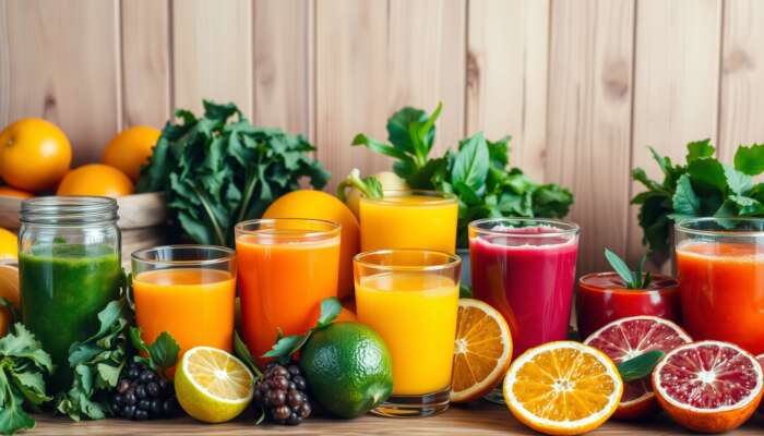 Vibrant juice bar display with fresh fruits and leafy greens, featuring colorful juices in clear glasses against a natural wooden backdrop, emphasizing the health benefits of juicing.