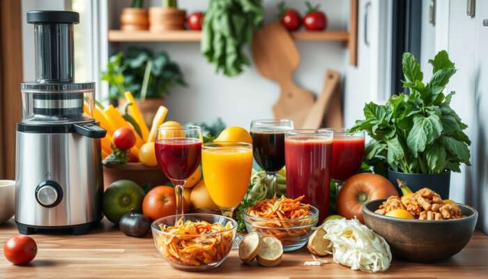 A colorful kitchen scene featuring fresh fruits and vegetables, a juicer, clear glasses of vibrant juices, and a bowl of fermented foods like kimchi and sauerkraut on a wooden countertop.