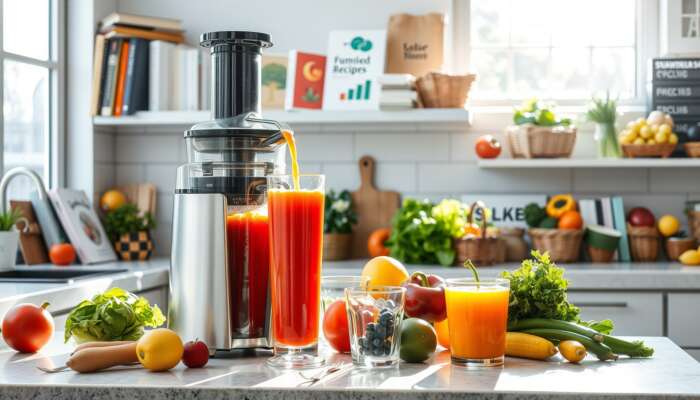 A bright kitchen counter displaying fresh fruits and vegetables, a juicer extracting colorful juice into a glass, and health-focused recipe books in the background.