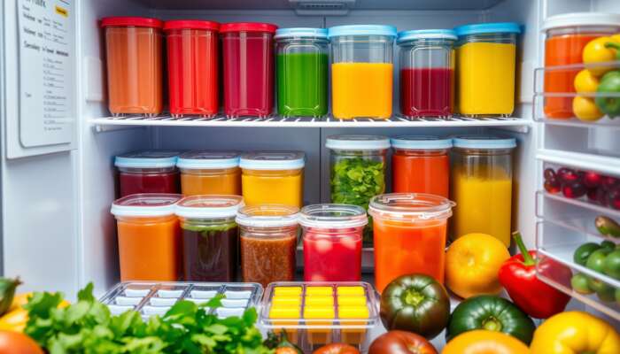 A vibrant kitchen with airtight containers of colorful homemade juices in a refrigerator and ice cube trays of juice in the freezer, surrounded by fresh fruits and vegetables.