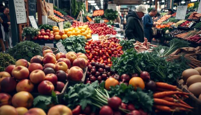 A bustling farmers' market displaying ripe, organic seasonal fruits like peaches, cherries, and watermelon in summer, alongside hearty winter vegetables such as carrots and beets, with shoppers assessing the quality and freshness of the produce.