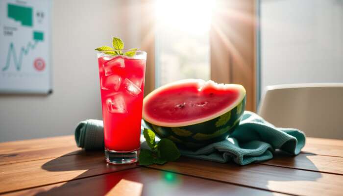 A vibrant glass of pink watermelon juice with ice and mint, alongside a sliced watermelon and a workout towel, illuminated by sunlight on a wooden table.