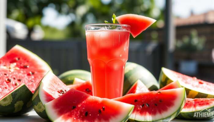 A refreshing glass of watermelon juice with fresh watermelon slices in a sunny outdoor setting, highlighting its hydrating qualities with droplets of condensation on the glass.