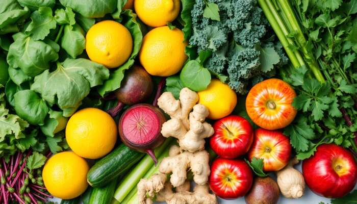 A colorful display of fresh leafy greens, cucumbers, lemons, avocados, celery, beets, ginger, and apples, highlighting their vibrant textures and promoting health and alkalinity.